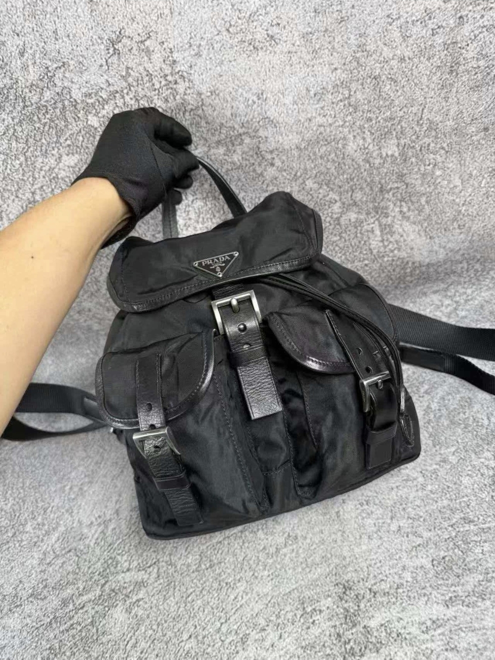 Prada Black Nylon Mini Backpack with Leather Buckles
